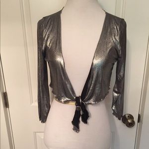 F1-FILLES DE PARIS TOP CROP TIE FRONT SILVER METALLIC CARDIGAN SHRUG SMALL fit